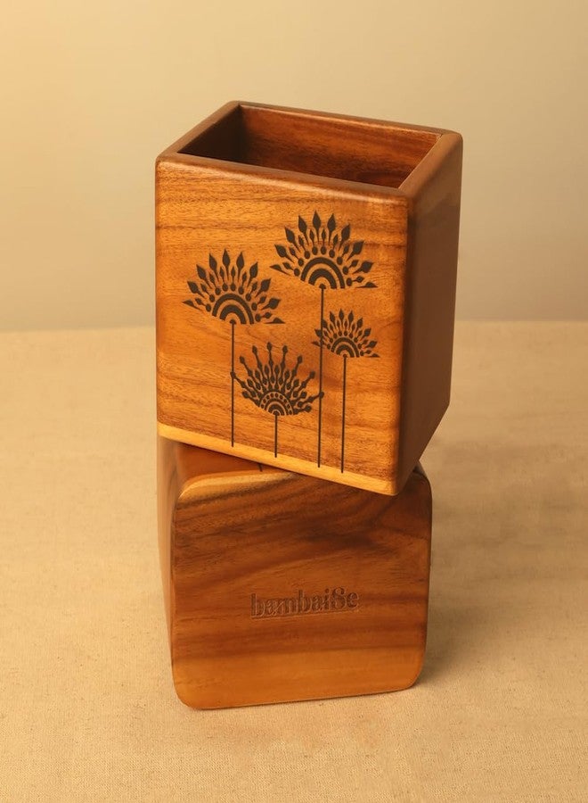 bambaiSe Teak Wood Mandala Art, Floral Design Spoon Holder, Cutlery Holder, Rectangle Shape, Natural Brown, Clear Matte Finish - Image 5